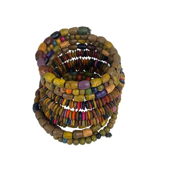 Colorful Wooden Beaded Coil Bracelet with Flower Charms - Picture 6 of 8